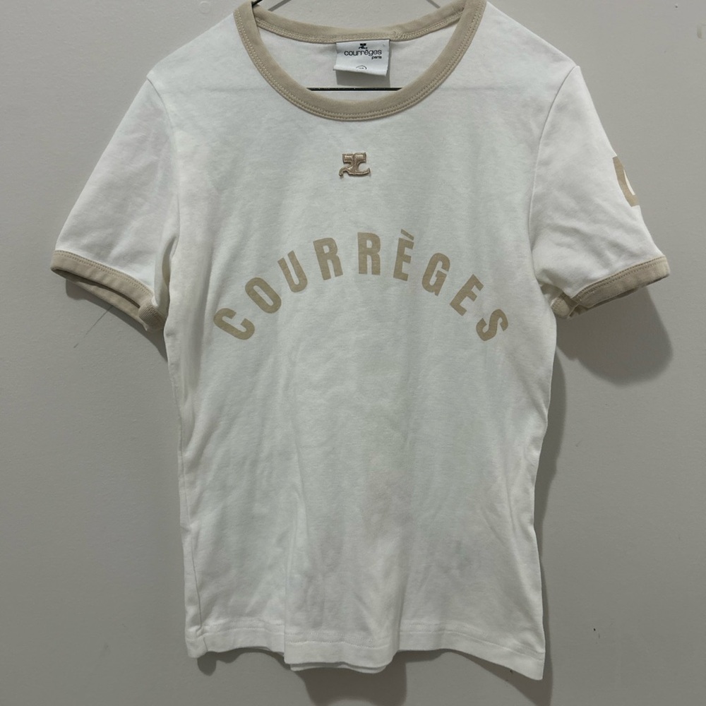 Courrèges Women's White and Tan Short Sleeve Tee